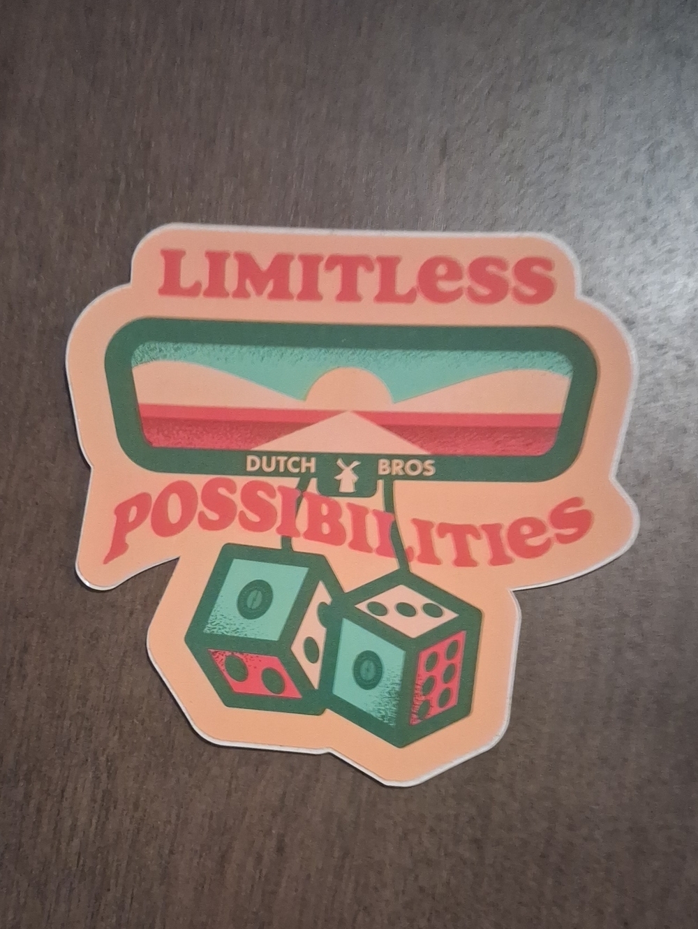 Dutch Bros Limitless Possibilities Dice Sticker Pink & Green